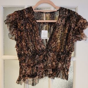 Free People Making Me Smile Mesh Cropped Ruffle Blouse